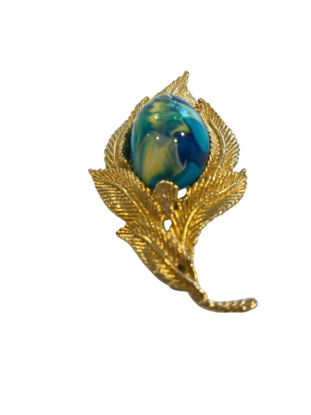 Gold-Tone Leaf Brooch With Blue & Green Swirl Cabochon 2.5 Inches Artist fermini - Picture 7 of 16